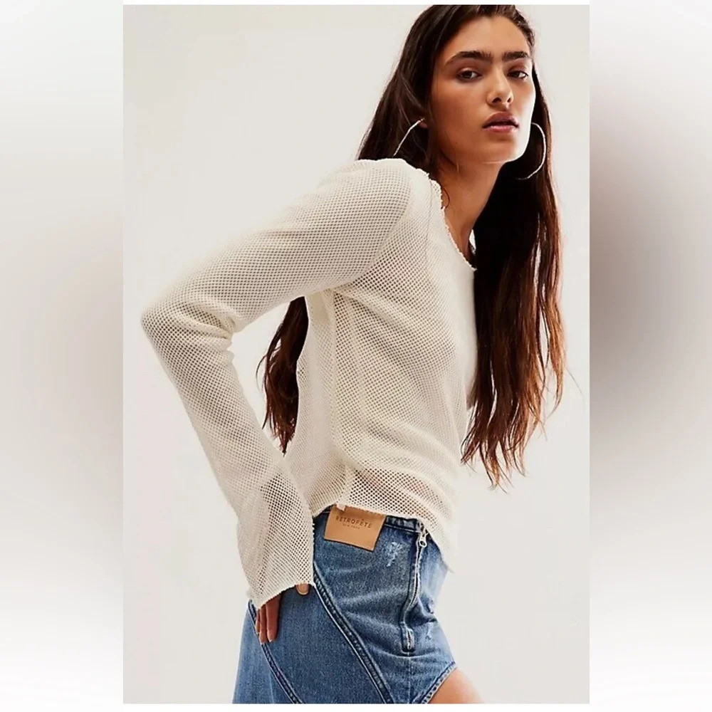 Free People Cream Mesh Long-Sleeve Top